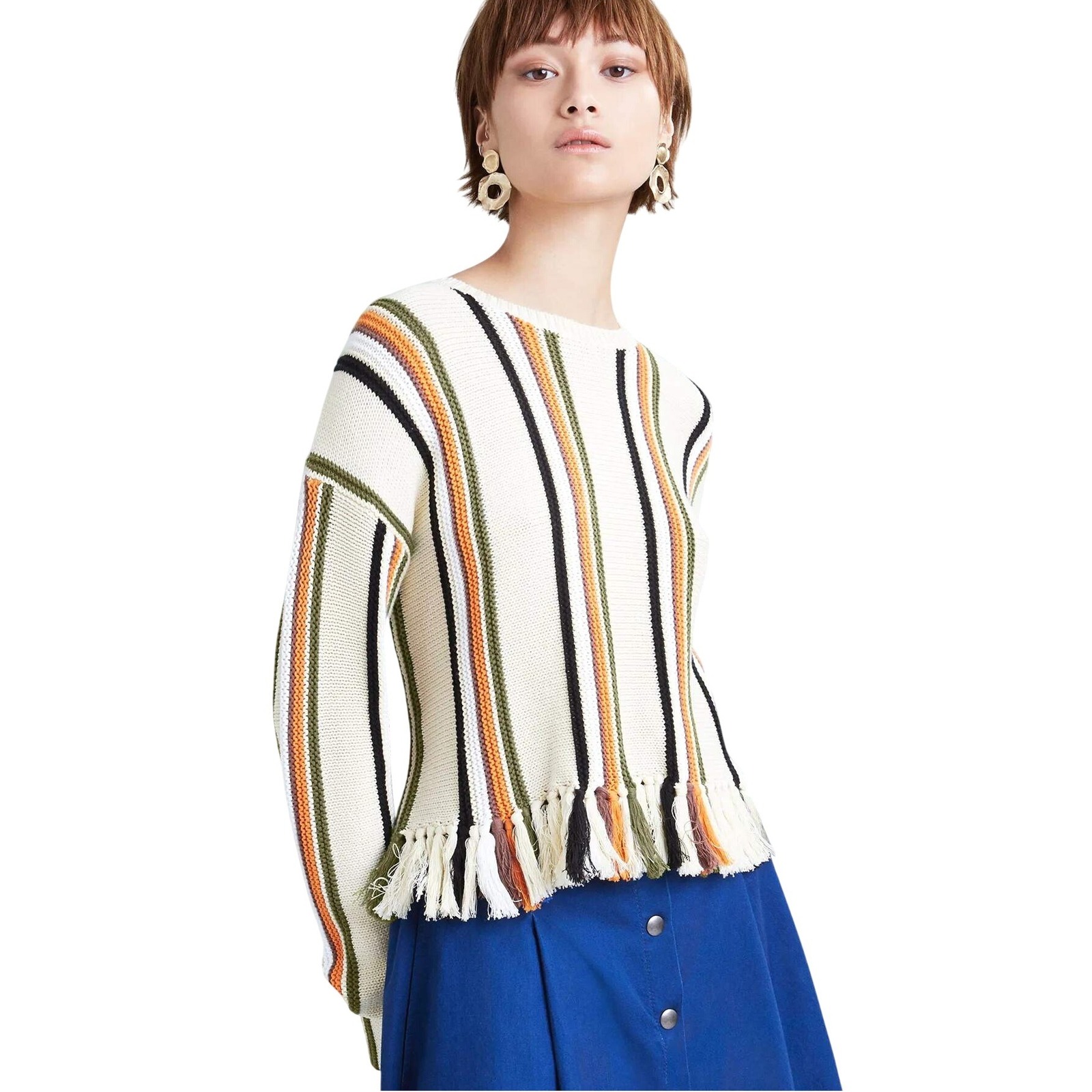 Whistles Fringe Hem Striped Knit Sweater | Vogue Featured | Size S